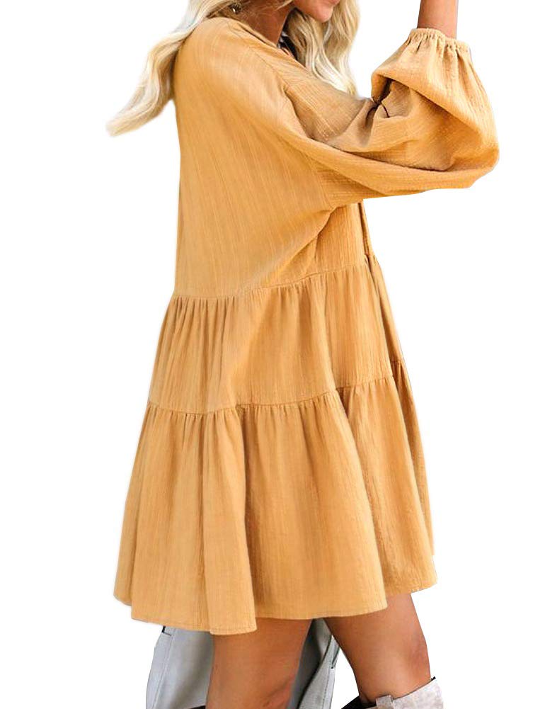 FANCYINN Womens Cute Shift Tunic Dress Babydoll Long Lantern Sleeves V Neck Beach Ruffle Mini Dresses & Pockets Mustard S - Image 2